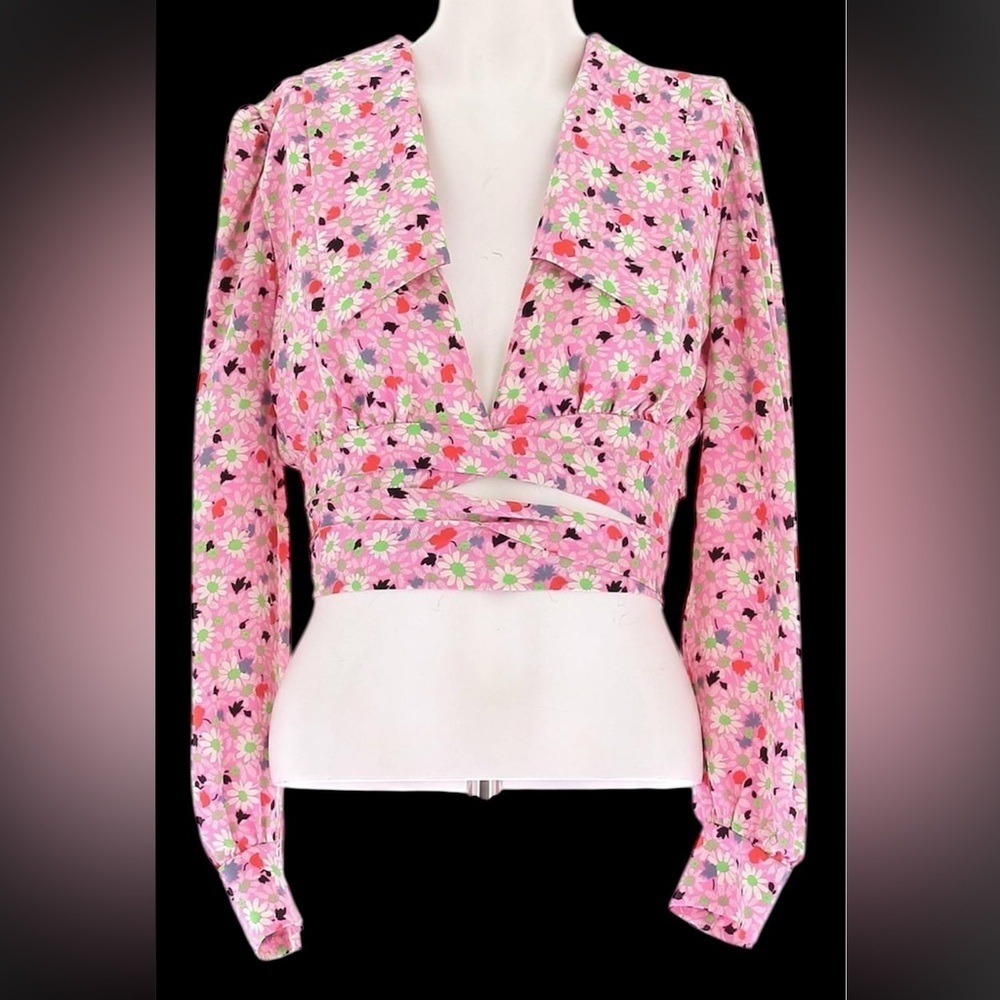 Miu Miu vintage 70’s Pink and White green Floral silk cropped blouse - Picture 1 of 16